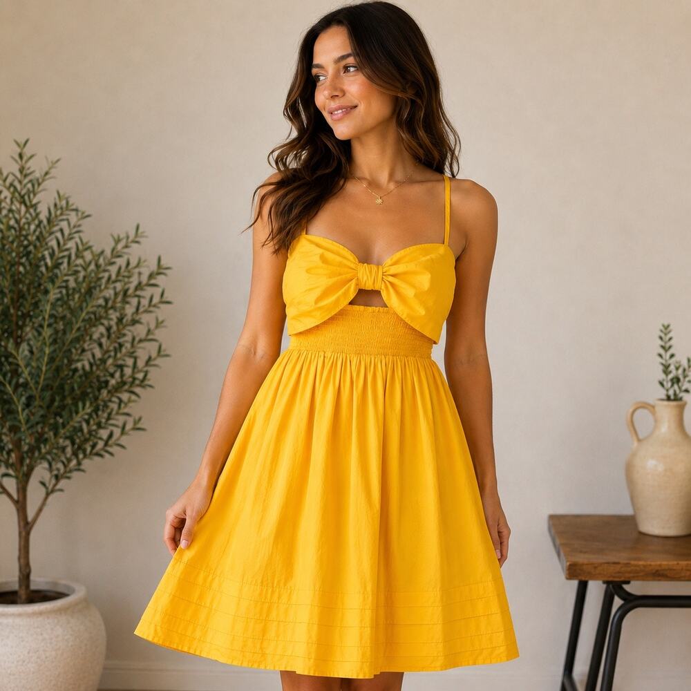 English Factory Yellow Bow Front Sundress Medium Smocked Cotton Blend